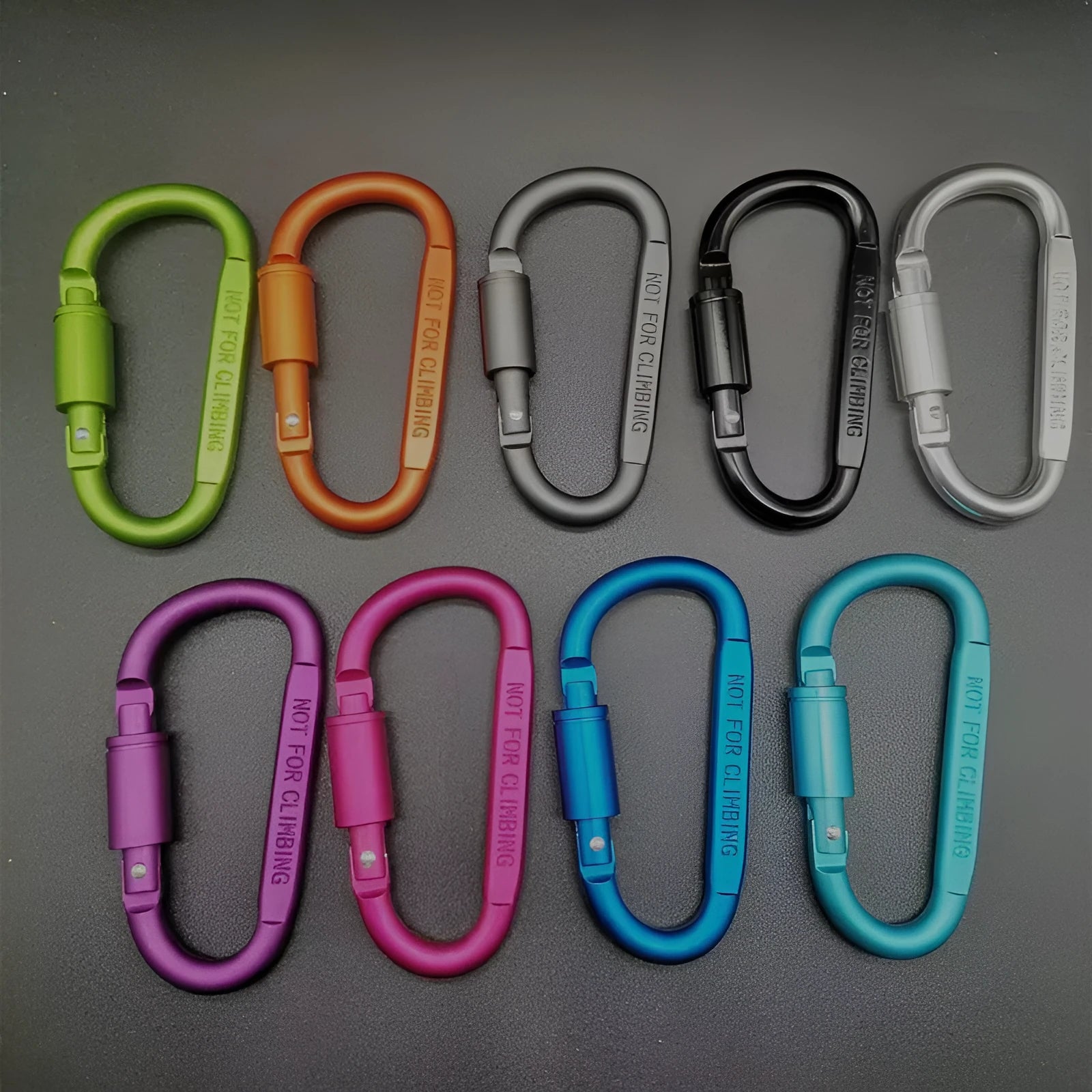 D-type aluminium locking carabiner measuring 8cm in multiple colour options