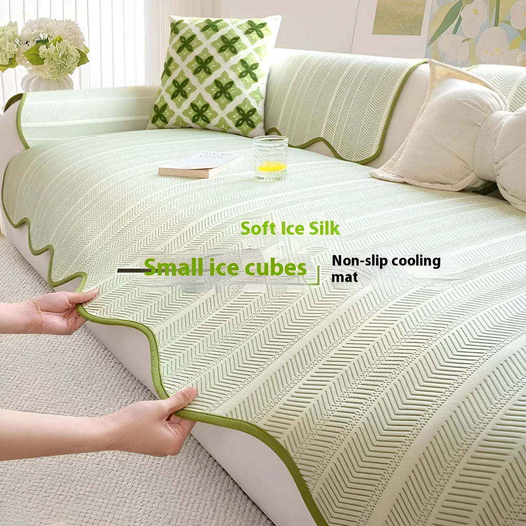 Ice silk sofa cover with non-slip design in jelly green colour on a three-seater sofa