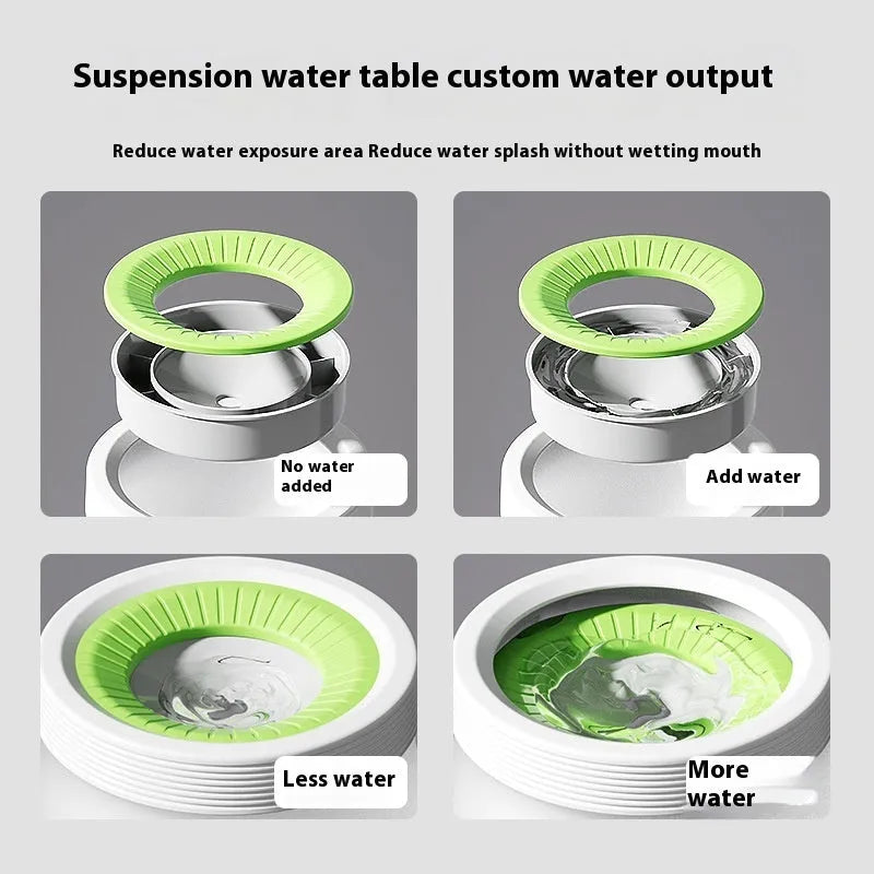 Suspension pet water bowl with non-wet mouth design in blue, green, and brown colour options showing 600ml and 1200ml capacities