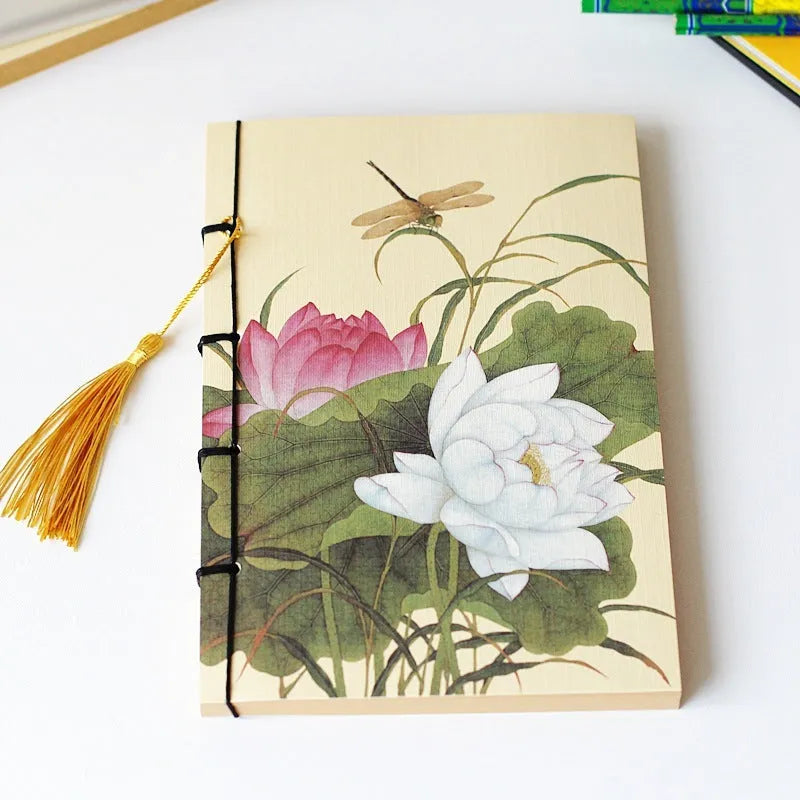 A5 antique wire-bound notebook with retro Chinese painting design on glossy embossed cover