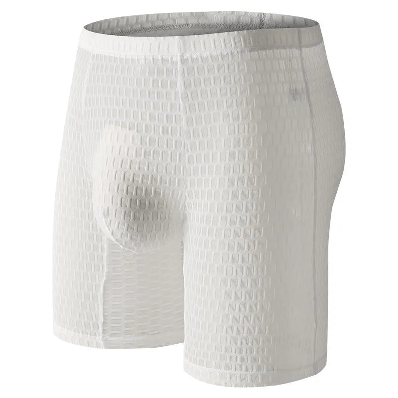 Men's lace boxer briefs in rose red colour showing shaping design on a mannequin.