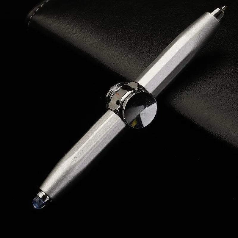 Metal ballpoint pen with a built-in fingertip gyro spinner and LED light, shown in multiple ink colour options.