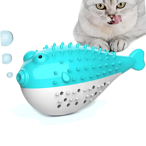 Blue silicone fish-shaped cat chew toy with measurements 12.2 x 4.9 x 5.8 cm