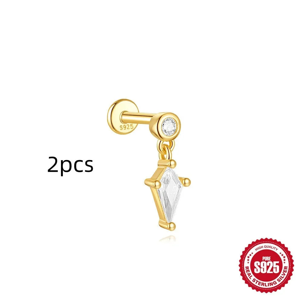 S925 sterling silver geometric kite earrings with rhinestones and chain tassel in gold tone