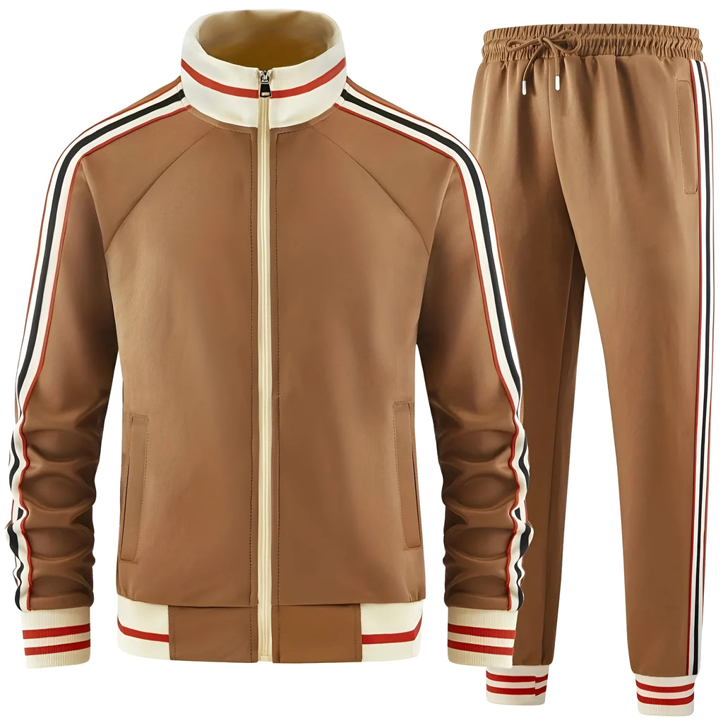 Man wearing a khaki turtleneck zipper cardigan and matching trousers from a two-piece street style suit.