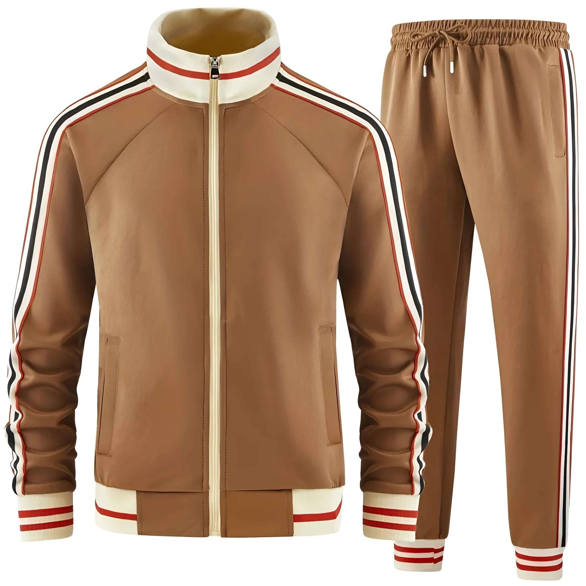 Man wearing a khaki turtleneck zipper cardigan and matching trousers from a two-piece street style suit.