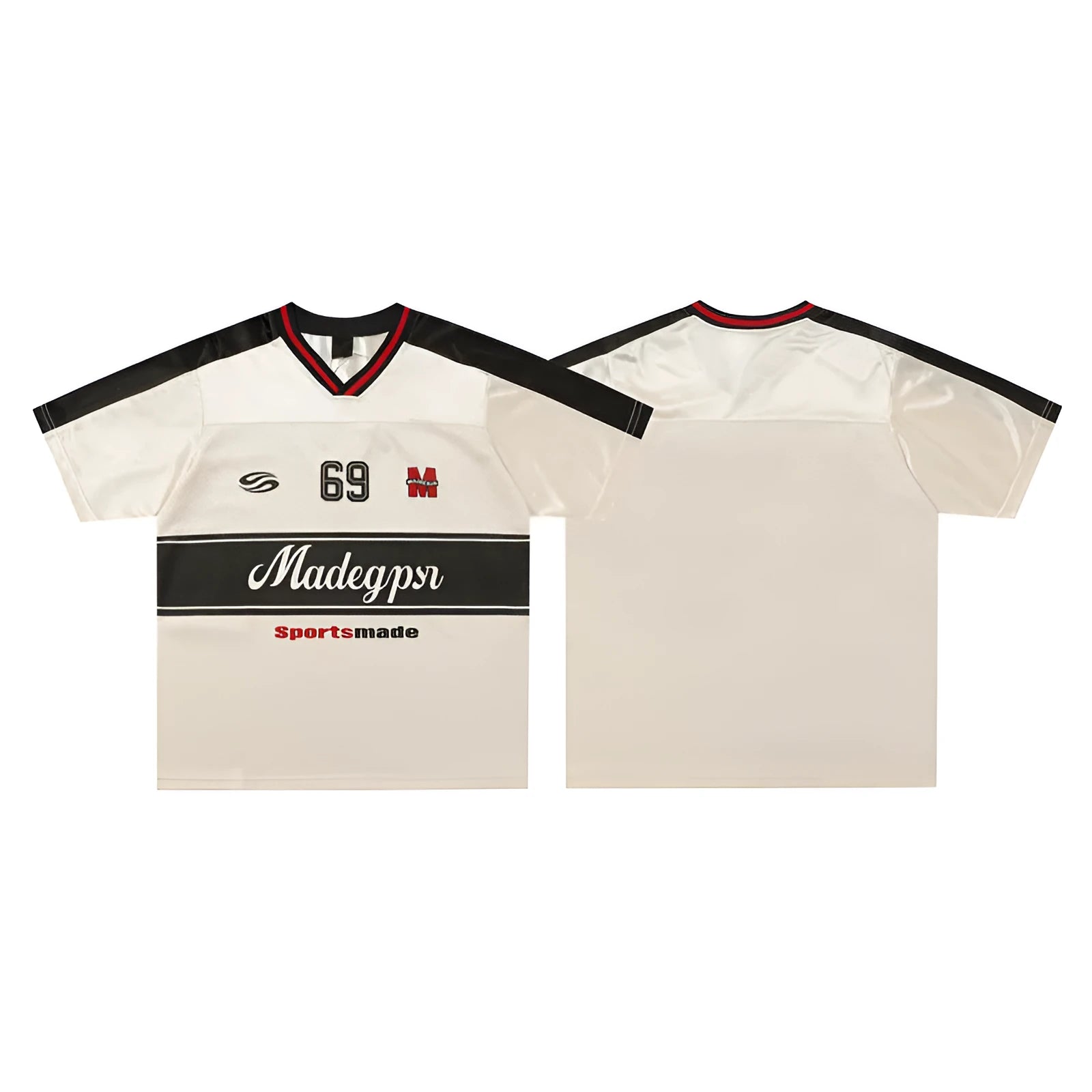 Apricot coloured men's V-neck short sleeve sports jersey with a loose fit and letter pattern detail.