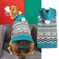 Green diamond pattern knitted acrylic sweater on a small dog, showing ribbed cuffs and classic knit design.