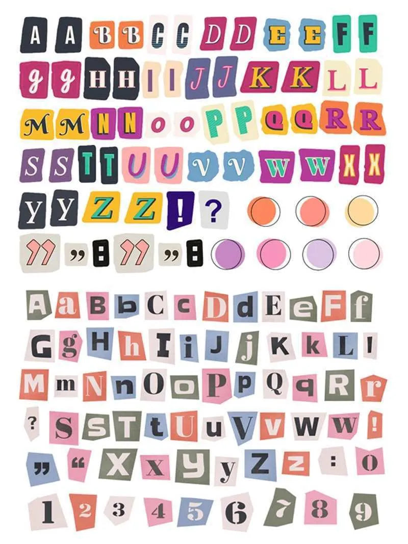 Set of printed English letter, number, and weekly word decoration stickers in assorted colours, laid out flat.