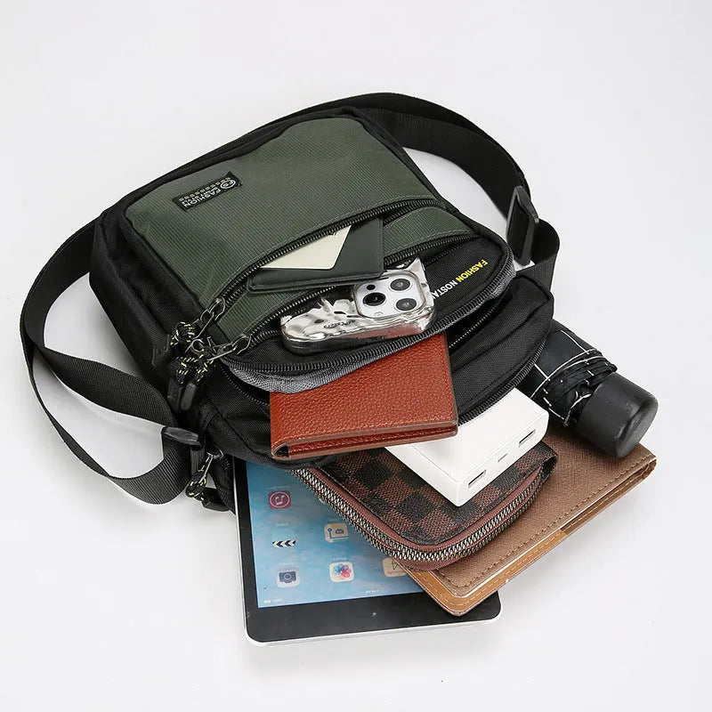 Men's waterproof nylon crossbody bag in green, black, dark blue, or grey colours