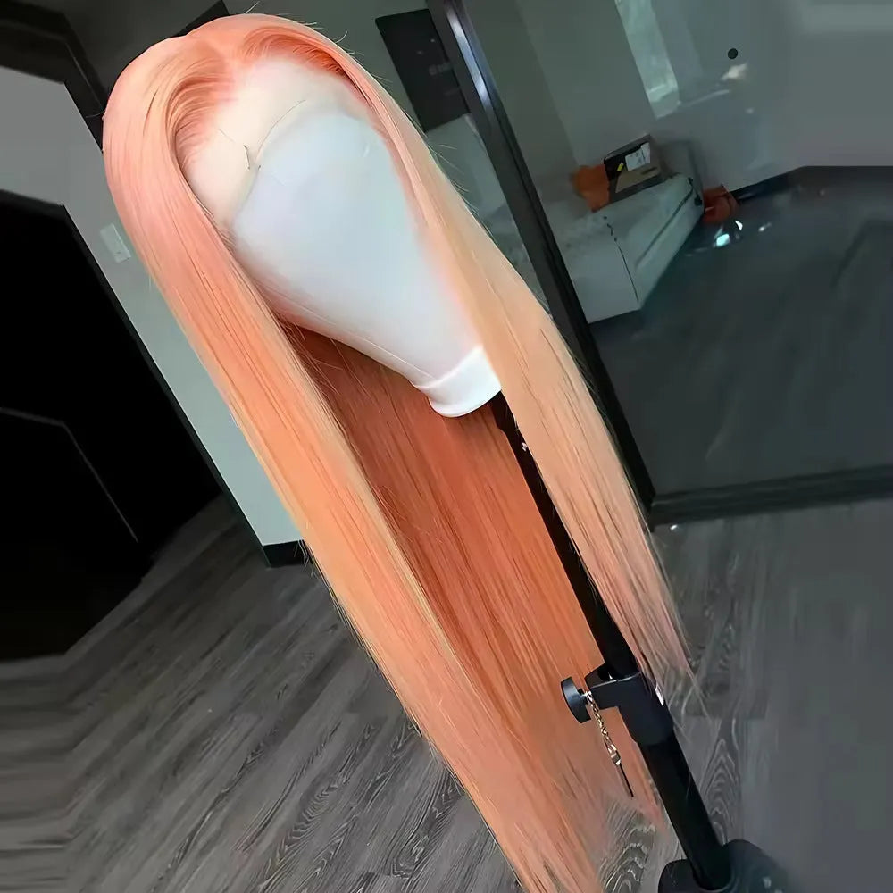 Light orange long straight synthetic wig with front lace and side bangs on a wig stand.
