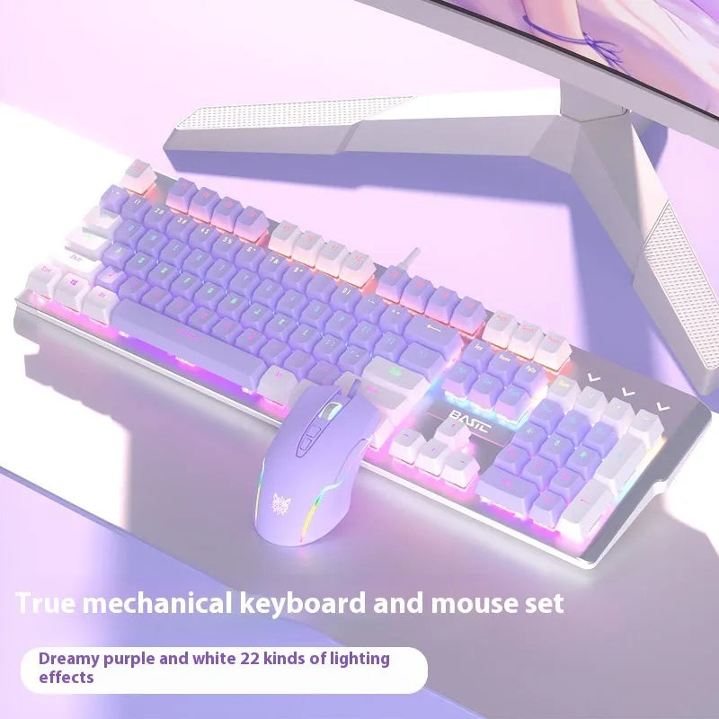 Purple and white mechanical keyboard and mouse wired combo set with backlight illumination