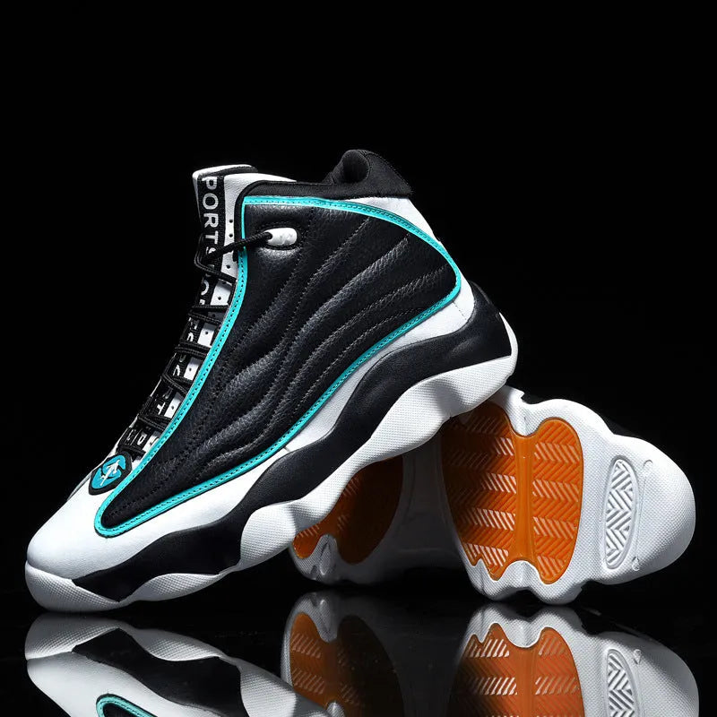 High-top basketball shoes with mesh upper and thick rubber sole in AJ13 colour options