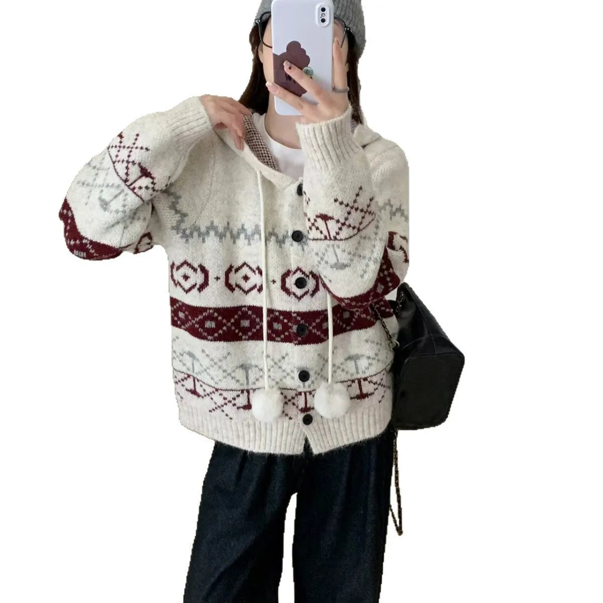 Geometric patterned brocade sweater coat in beige or grey for women's plus size casual wear
