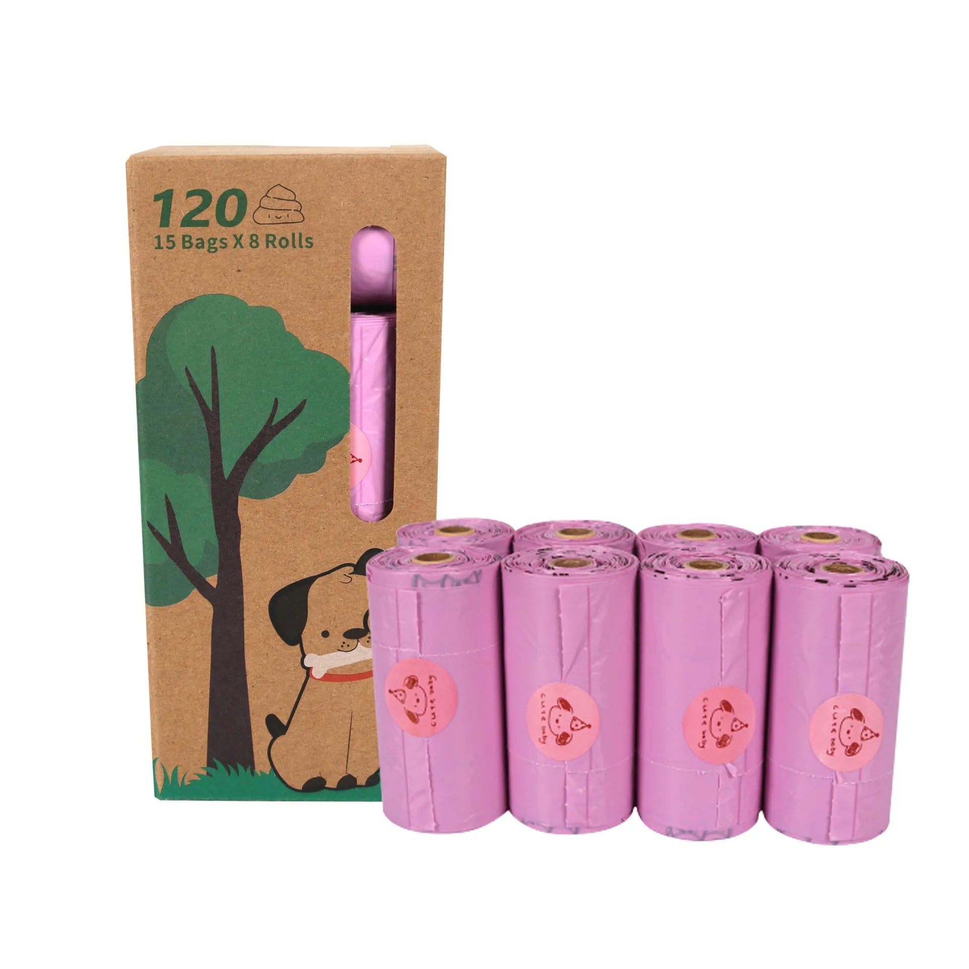Roll of army green degradable dog poop bags with black bone print, showing bag size of 23x33cm.