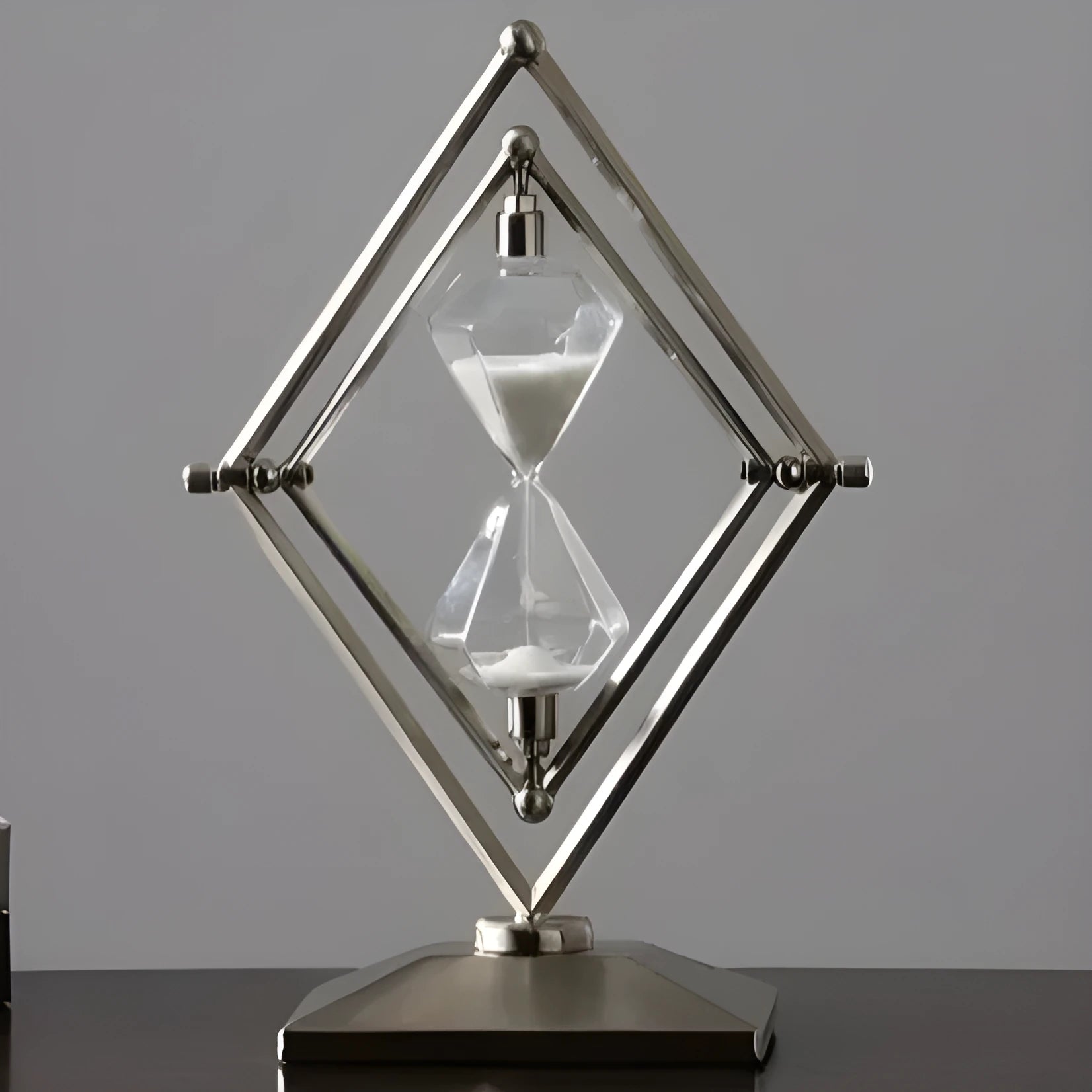 Glass sand timer ornament with zinc alloy metal base showing sand flow timing mechanism