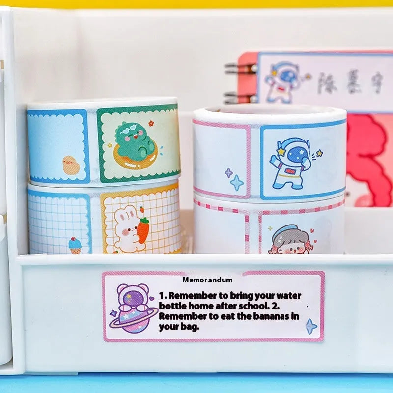 Roll of colourful cartoon name tape stickers for student organisation in dinosaur, astronaut, rabbit, or girl designs