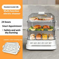Electric kitchen steamer appliance with stainless steel steaming rack and digital display