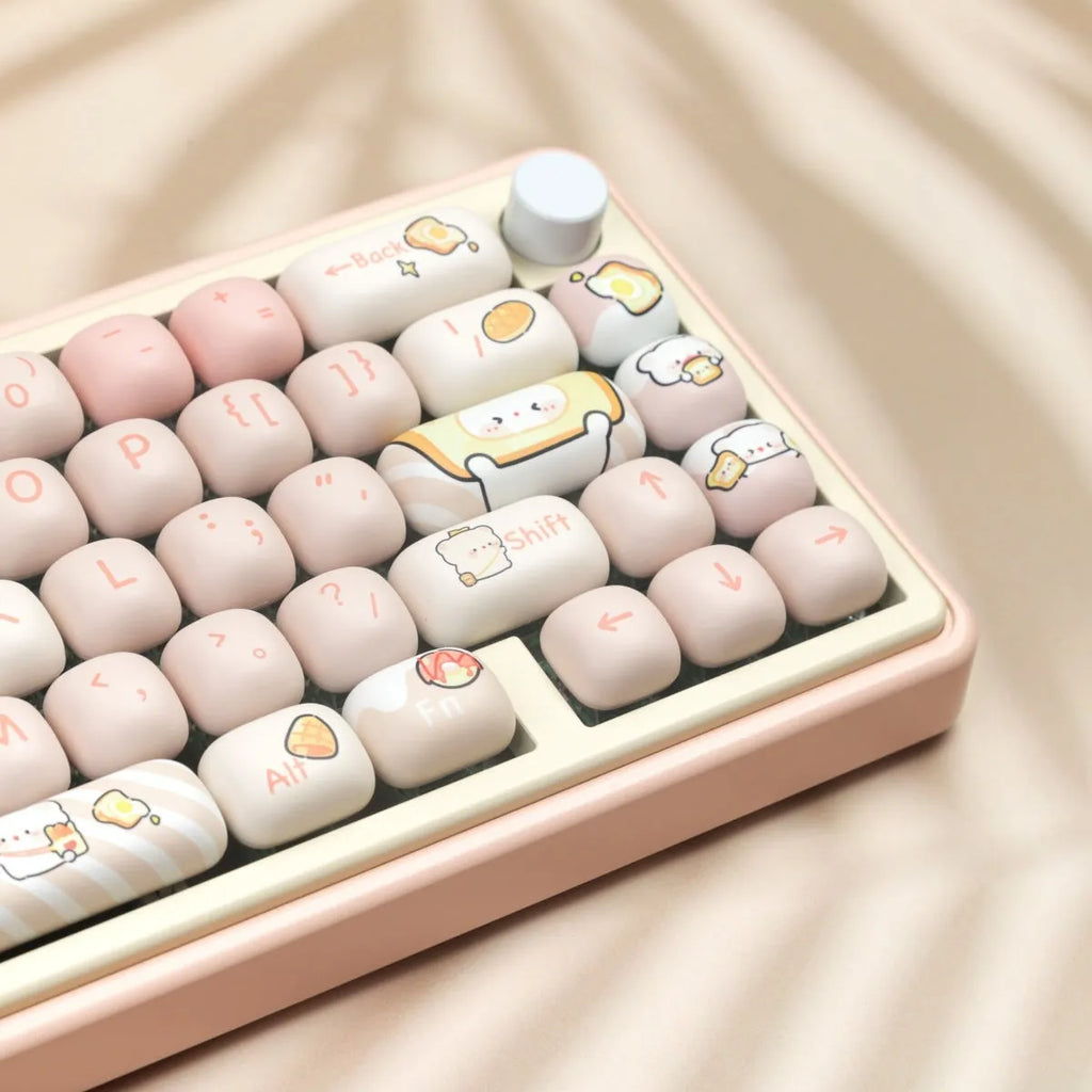 MOG Steamed Bread full set of PBT keycaps for mechanical keyboards, showing colourful sublimated bear design on keycaps.
