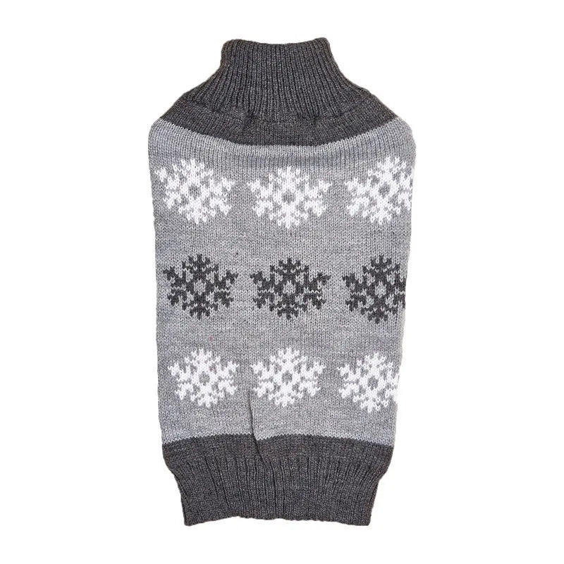 Grey and dark brown acrylic knit Christmas sweater for a dog on a festive background.