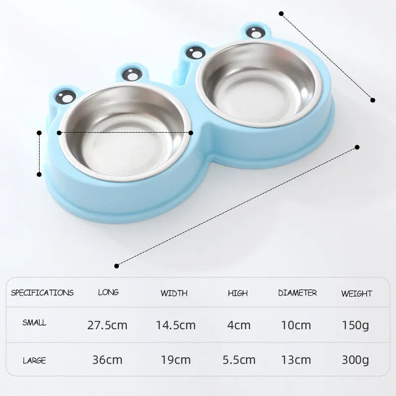 Stainless steel pet double bowl with frog design in blue, for food and water