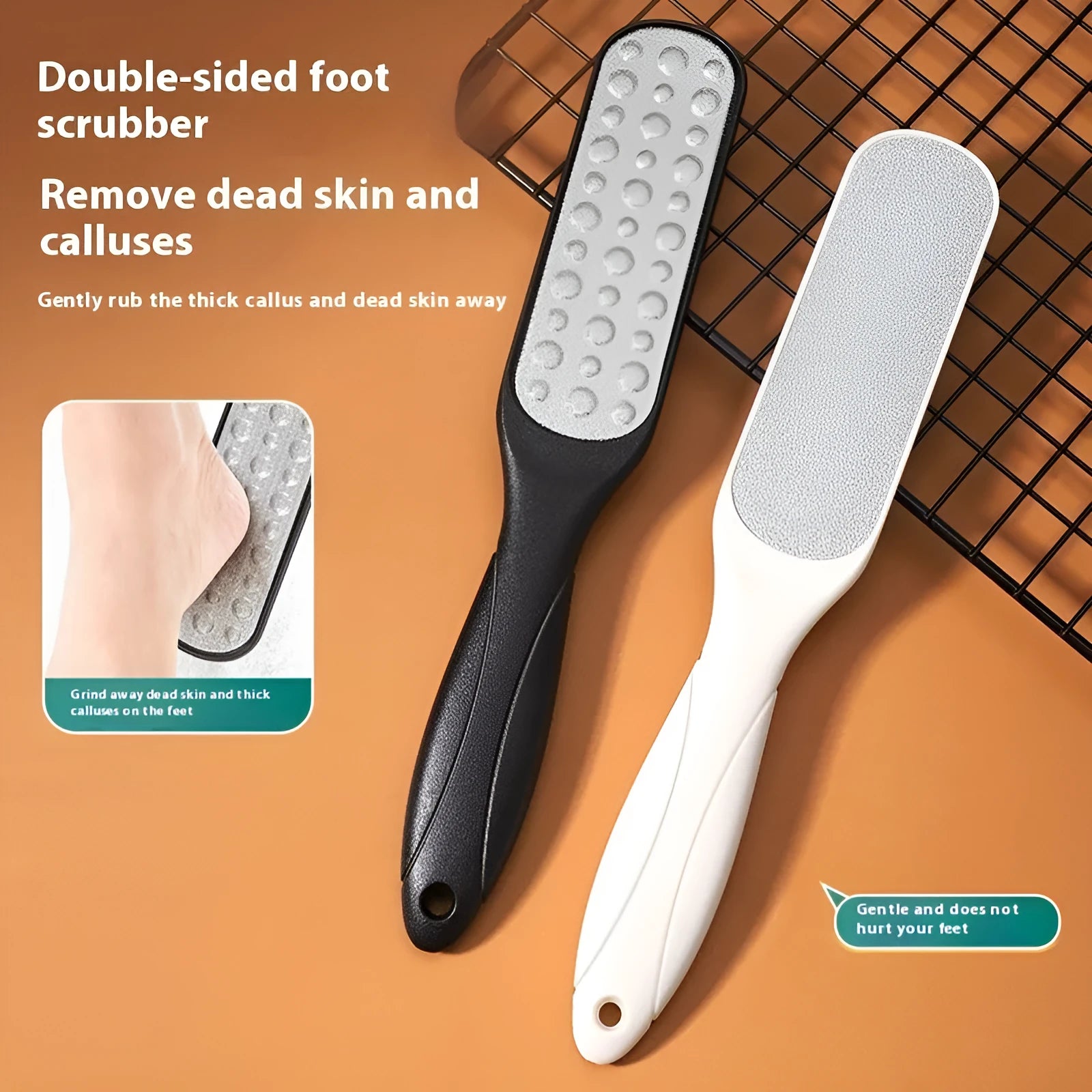 Stainless steel double-sided foot grinder tool for callus removal and foot care.