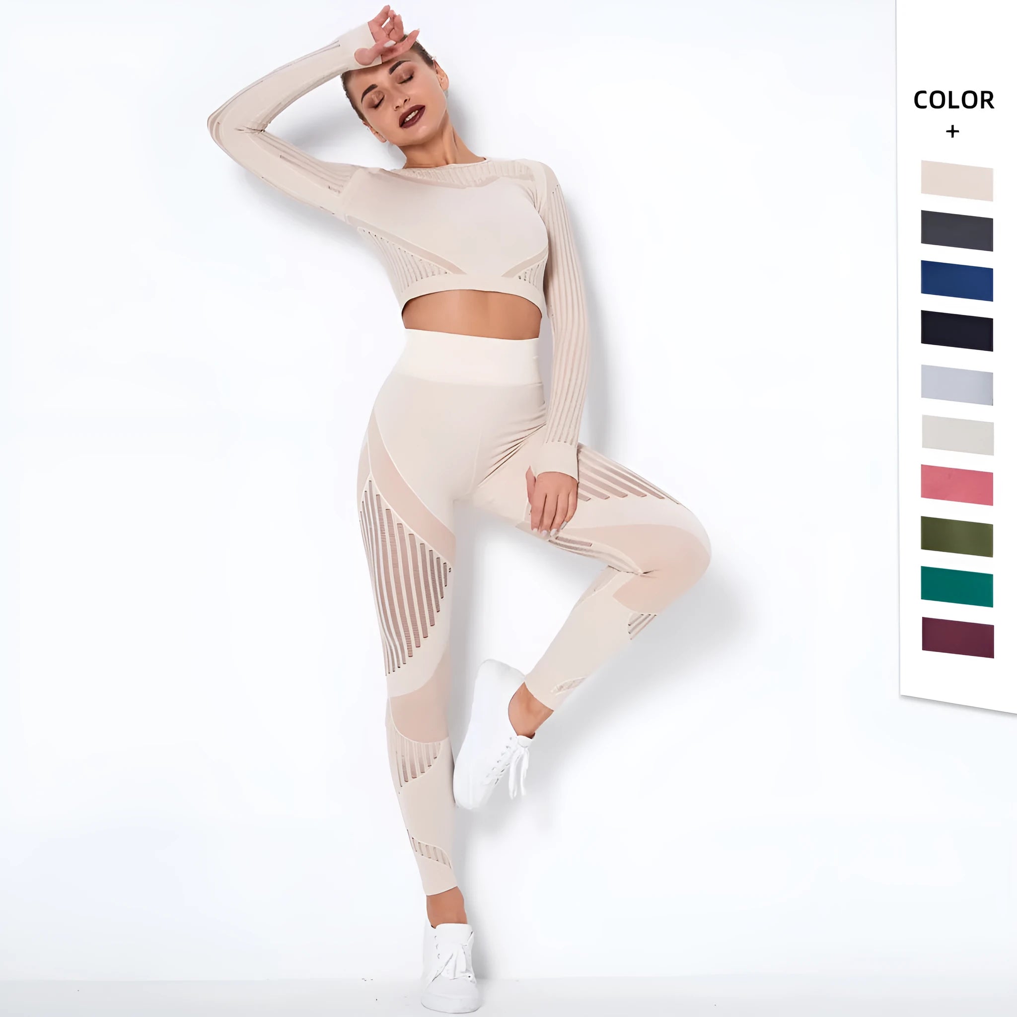 Woman wearing a long-sleeved seamless knitted yoga wearsuit in a stripe pattern, demonstrating a yoga pose.
