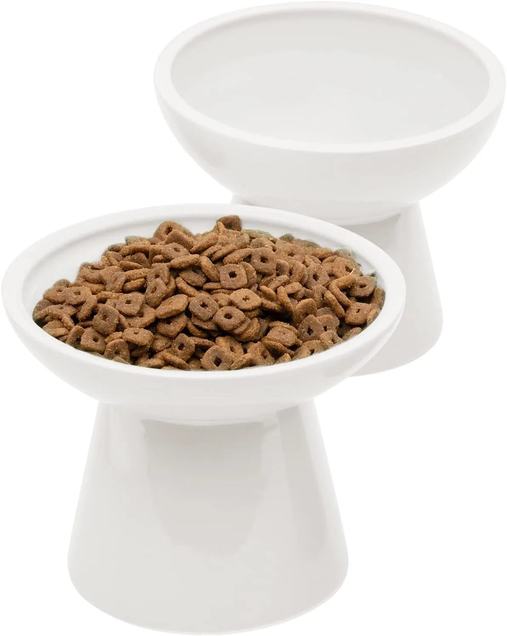 Extra wide elevated ceramic cat food bowl in blue green pink or white with shallow 16cm dish for whisker fatigue relief