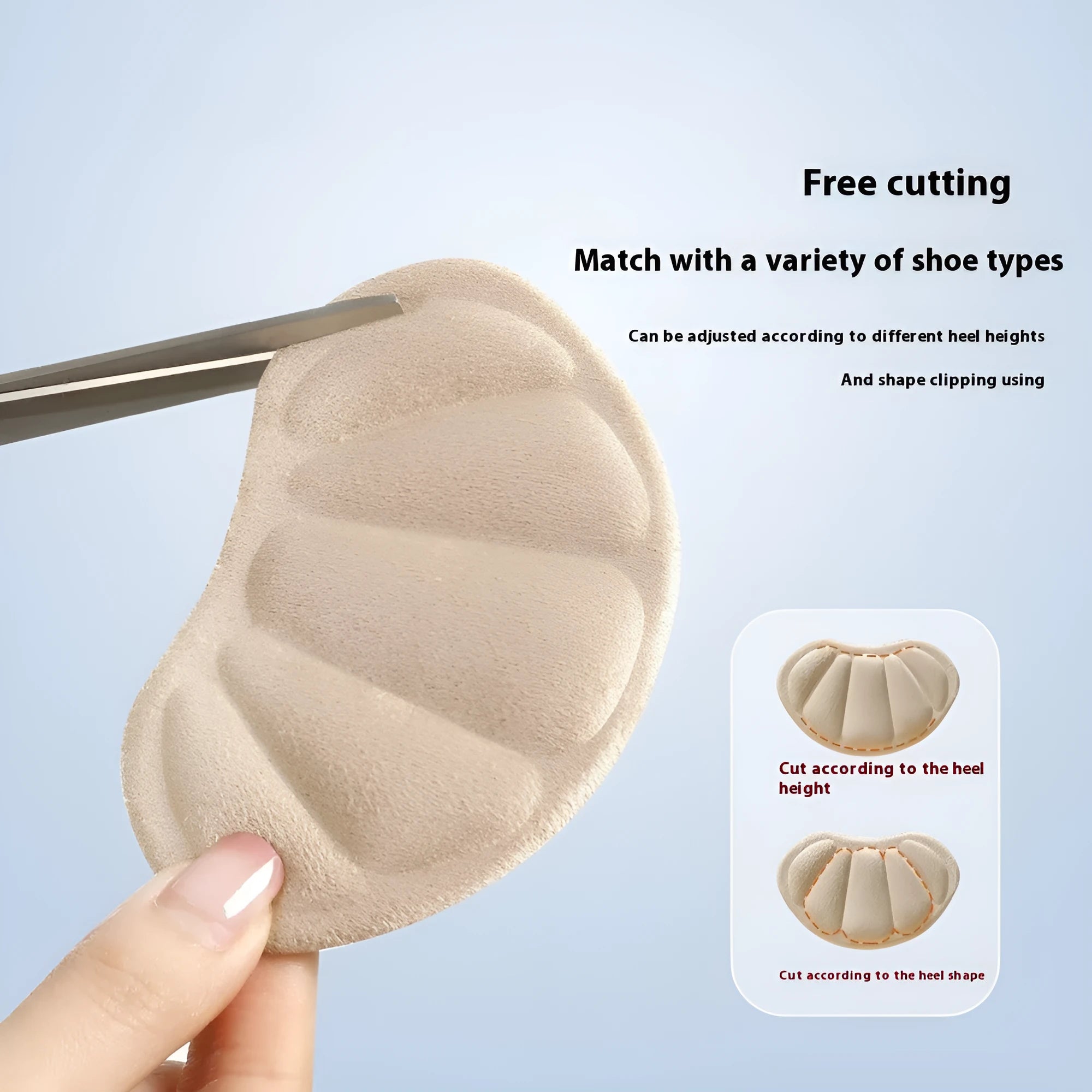 Three pairs of camel-coloured suede heel cushion pads with adhesive backing for shoes.