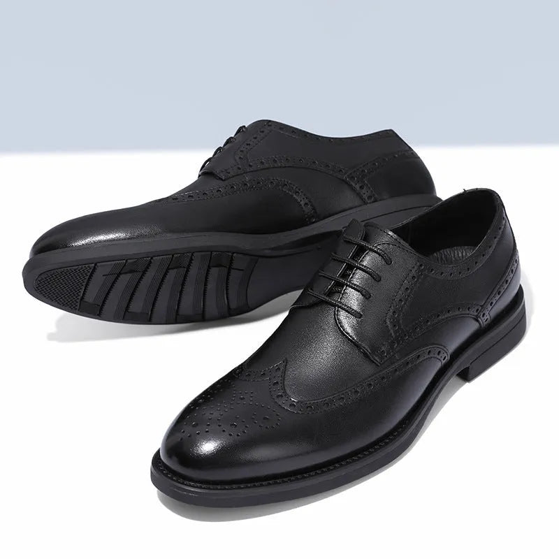 Men's black and brown brogue formal shoes with PU leather upper for business wear.
