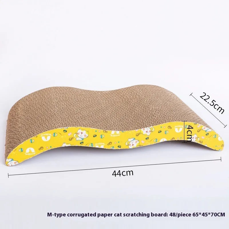 Corrugated paper cat scratch board with leather border in one of seven available styles.