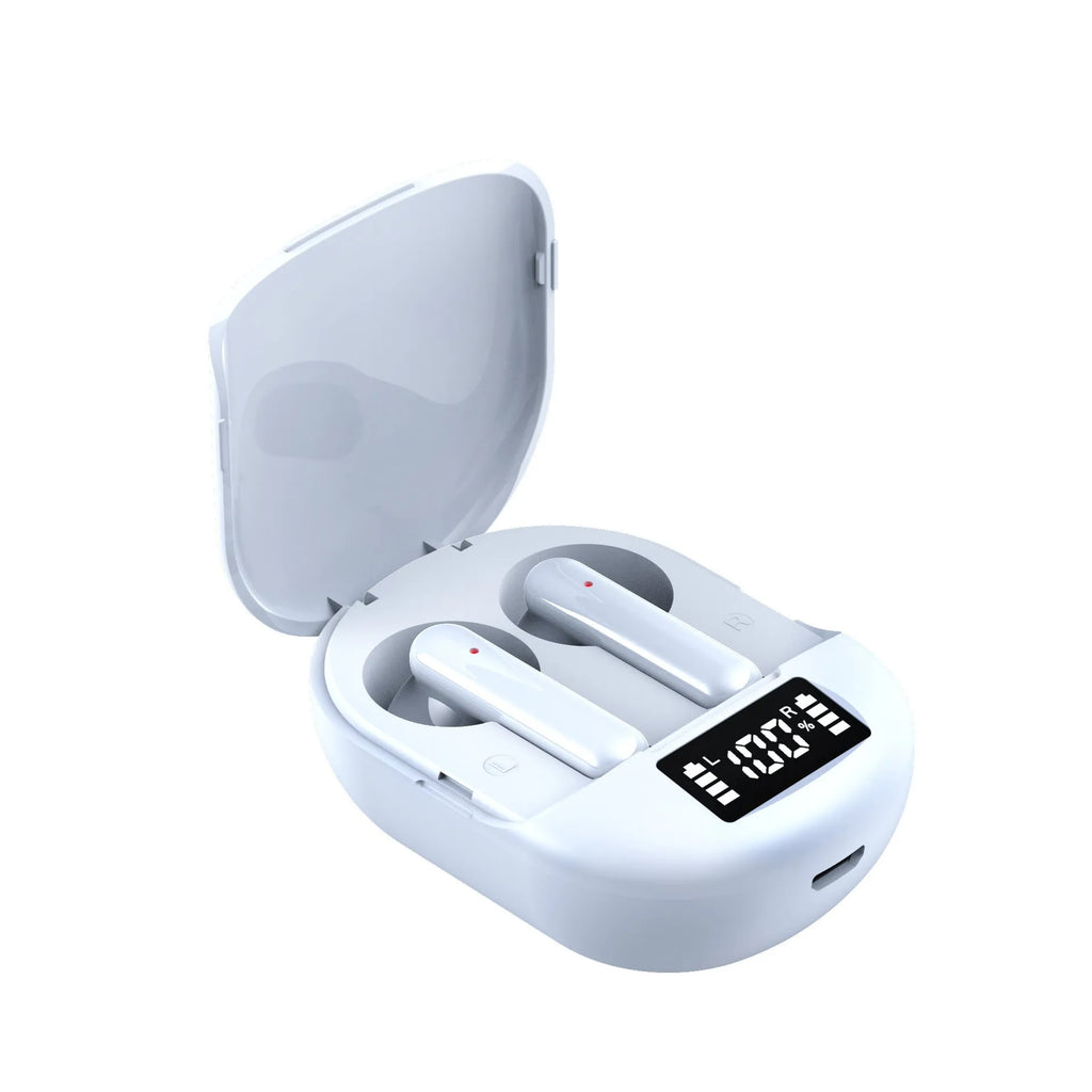 Black wireless Bluetooth headphones with digital display and charging case