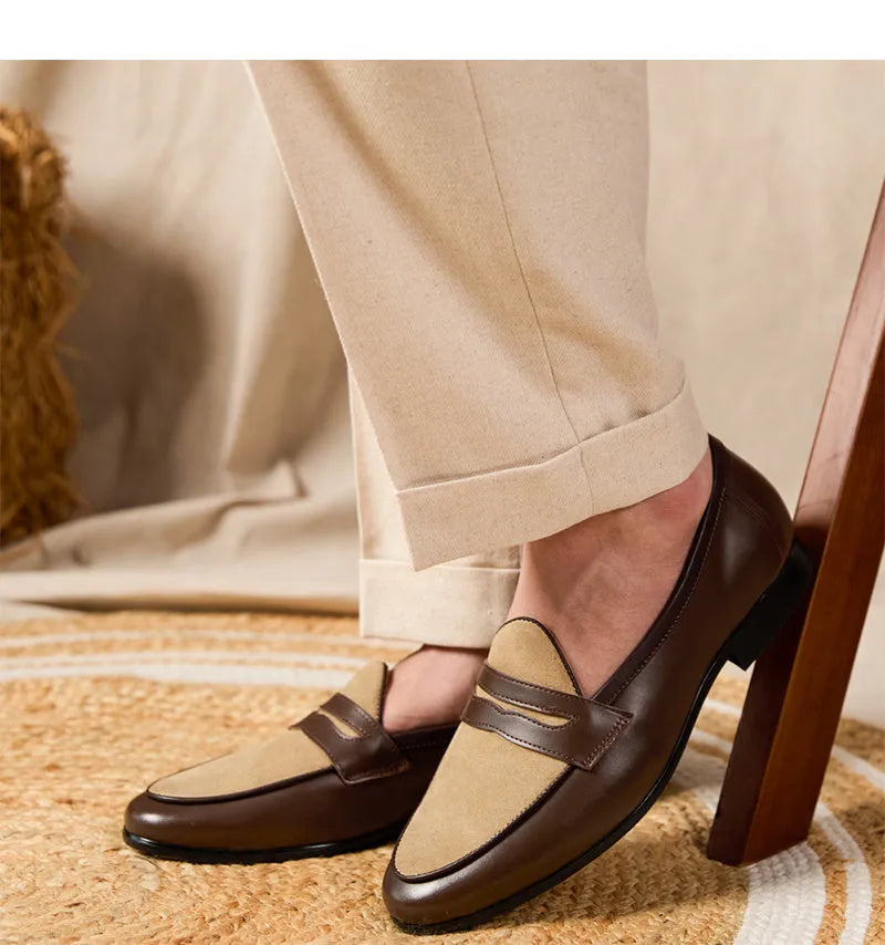 Coffee grey suede loafers with one-kick closure and rubber sole