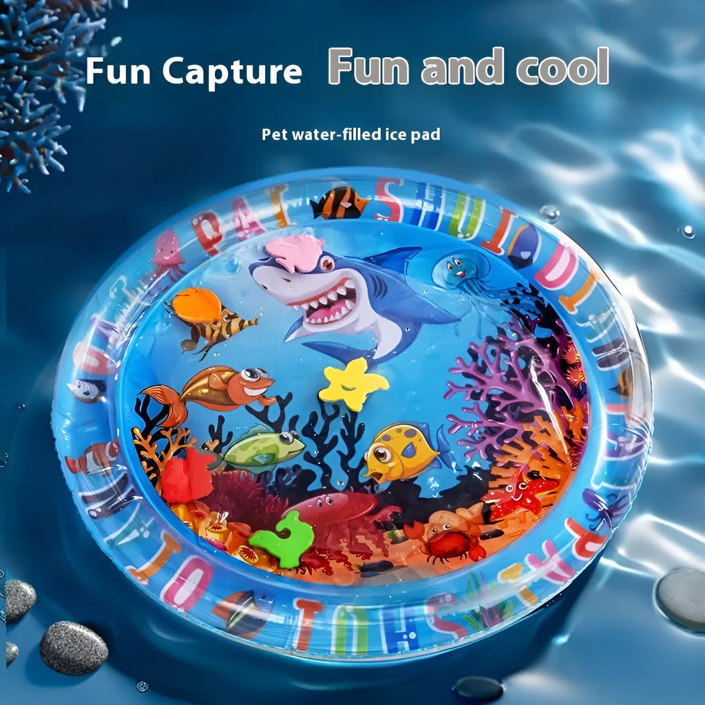 PVC inflatable pet cooling water cushion in dolphin design showing water injection valve