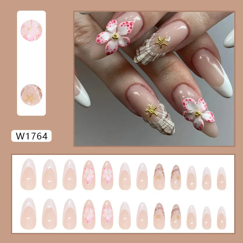 French style false nails with rock pattern flower designs in W1764 simple flowers colour pattern
