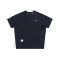Retro alphabet embroidered loose waffle short-sleeved t-shirt in navy blue, front view.
