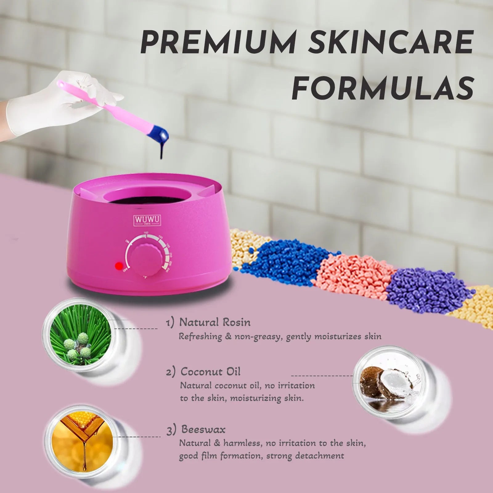 Professional waxing kit with black wax warmer, pots of hard wax beans, applicator sticks and post-care products on a pink background.