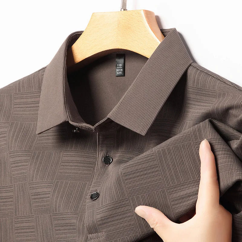Men's slim fit lapel collar t-shirt in beige, made from a thin breathable fabric.