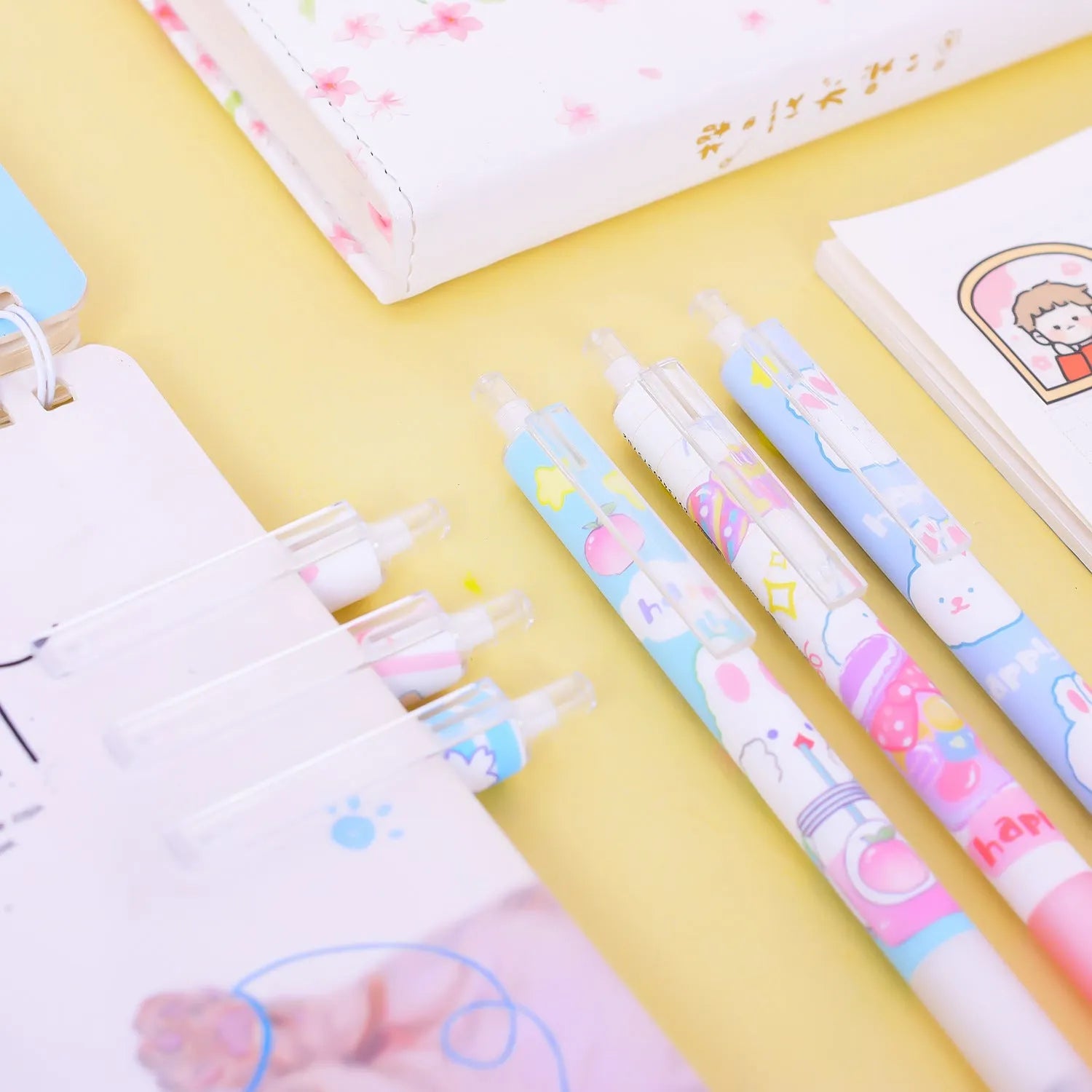 Six cartoon bunny design ballpoint pens with 0.5mm points and black ink