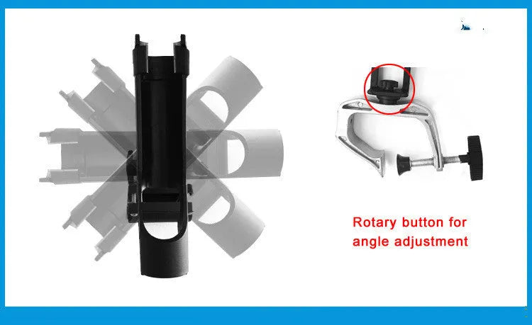 Black nylon plastic fishing rod holder with aluminium G clamp mount on boat rail, 360 degree adjustable, locking screw