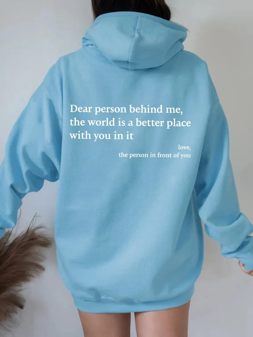 Women's pullover hoodie with printed letter saying and kangaroo pocket in grey