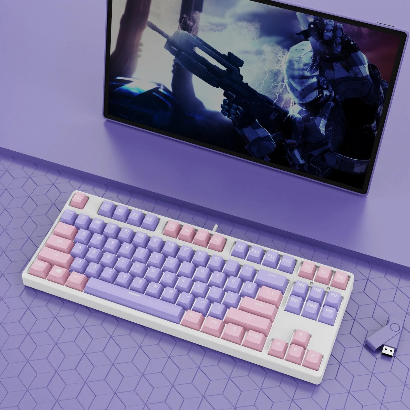 87-key wired mechanical gaming keyboard with hot-swappable switches shown in a two-tone colour scheme on a metal chassis.
