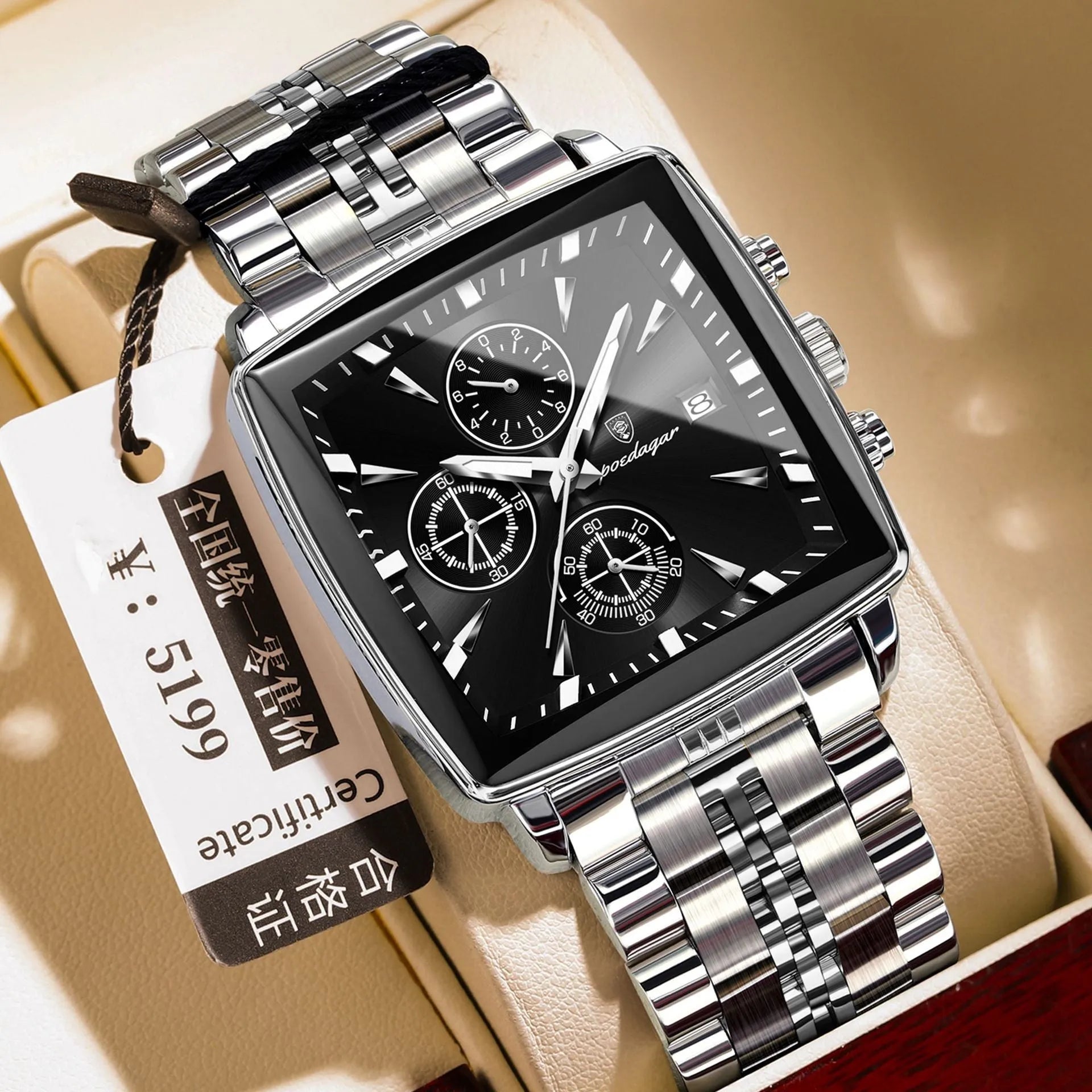 Square men's business quartz watch with stainless steel strap and butterfly buckle