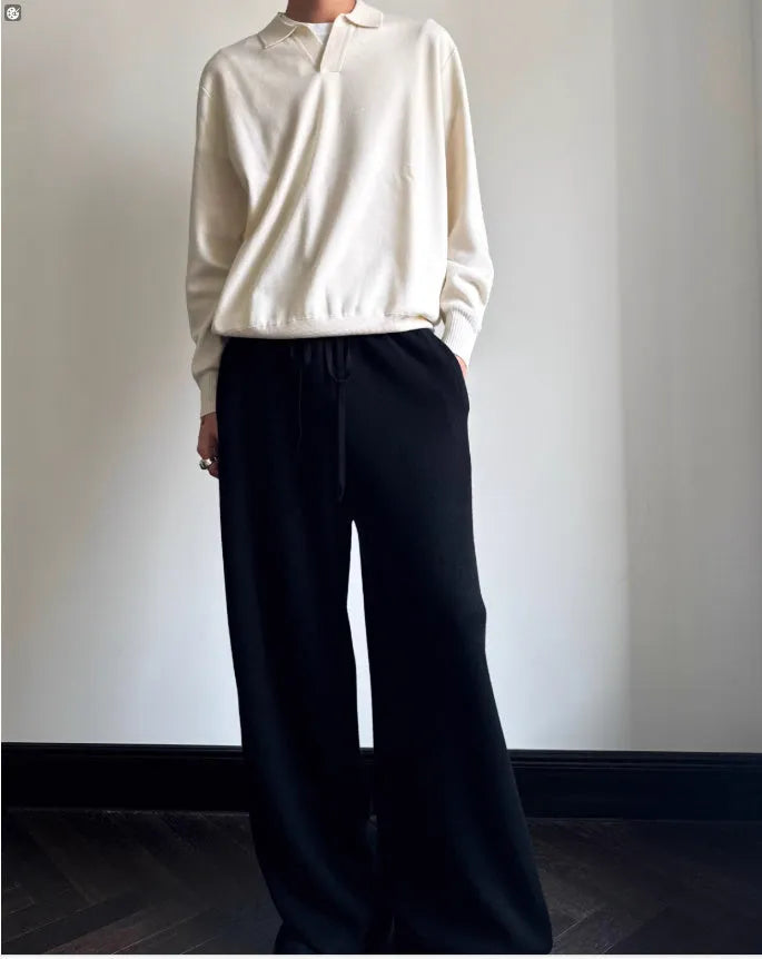 Old money style pure wool polo sweater with lapel collar in navy blue