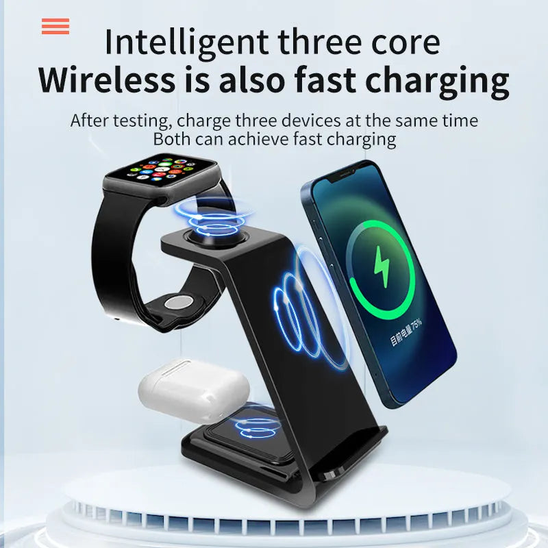 Black and white upright wireless phone charger with dual coil technology and integrated TYPE-C cable