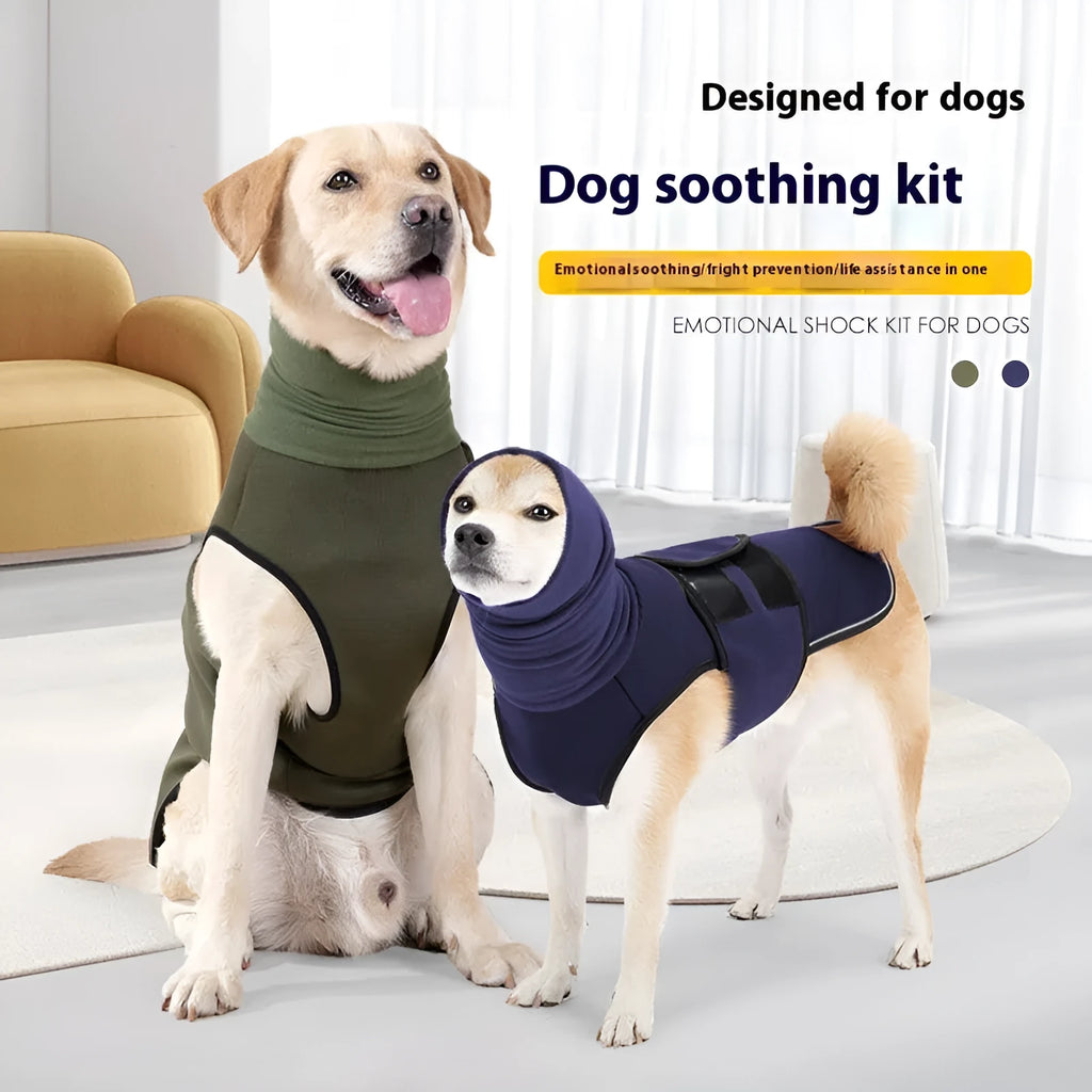 Army green dog anti-anxiety jacket made of polyester fabric on a medium-sized dog.