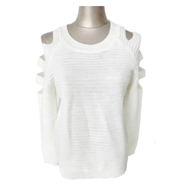 Women's grey knitted pullover shirt with round neck and crocheted hollow-out long sleeves