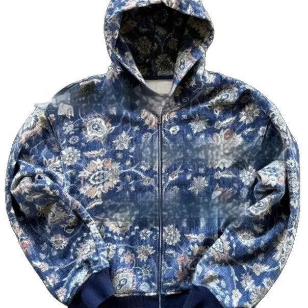 Man wearing a blue loose-fit hooded zip coat with digital print, long sleeves, for casual autumn wear.