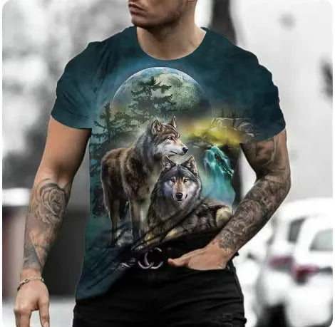 Men's retro 3D animal print short-sleeve t-shirt on a hanger, showing bird eye cloth fabric.