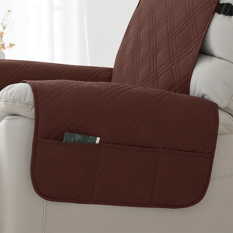 Quilted waterproof sofa cover for Chivas massage chair in burgundy colour with three-line stitching pattern